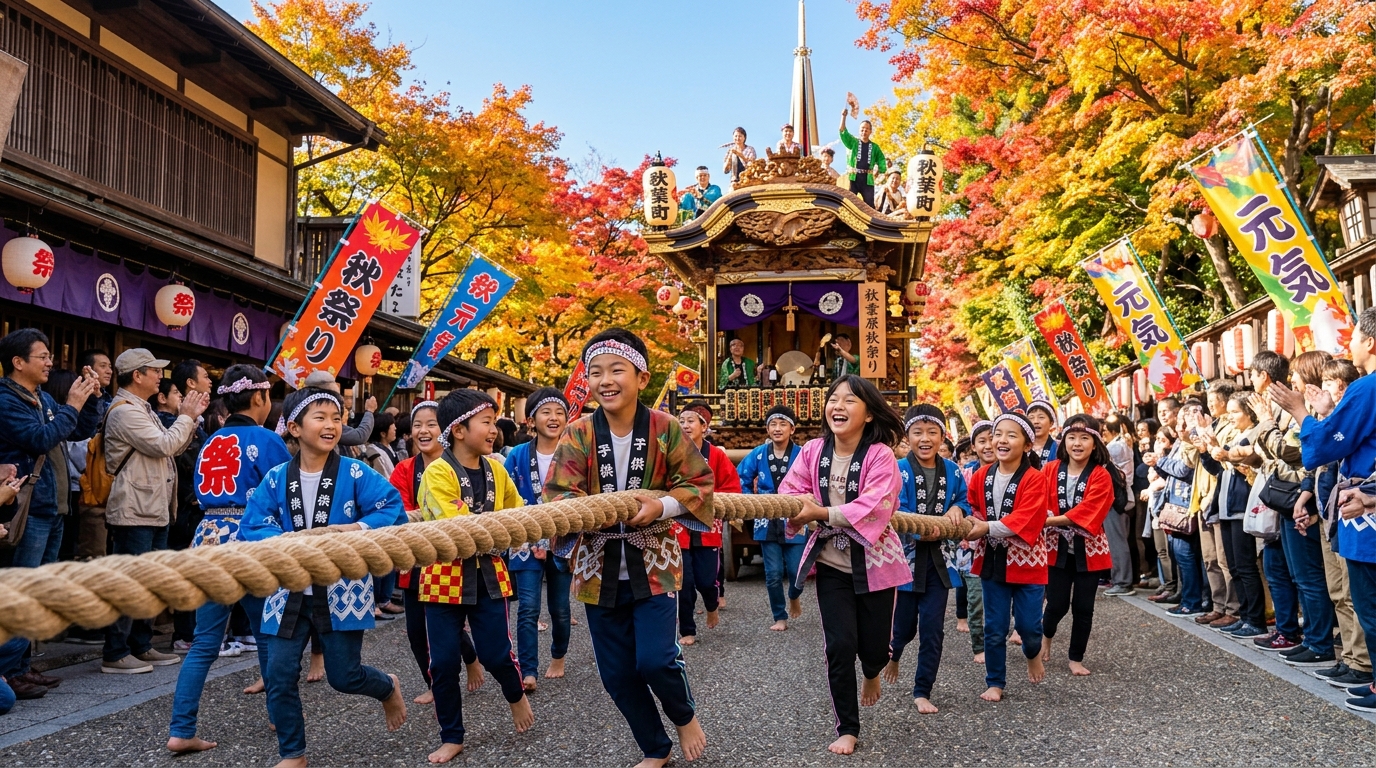 秋晴れのお祭りで笑顔で山車を引く子どもたち
